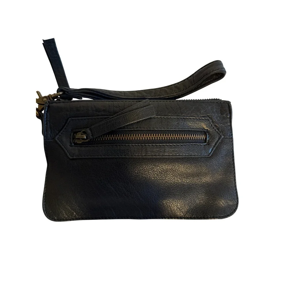 Anthropologie Day & Mood Soft Leather Wristlet Clutch Solid Black Zipper Pockets